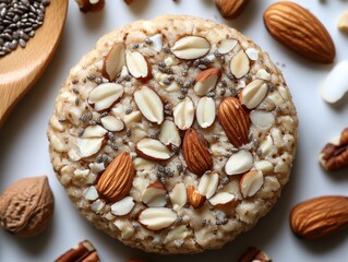 Nut and seed energy snack with almonds, chia seeds, and various nuts on a white plate, perfect for a healthy on-the-go treat at any time of day
