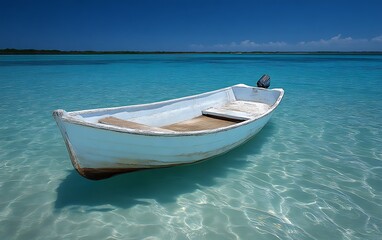 Naklejka premium Small white boat floats in tranquil turquoise water.