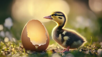 Newborn duckling emerges from eggshell in a sunny outdoor setting surrounded by greenery and flowers