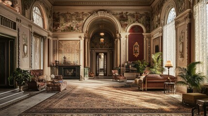 Obraz premium A vintage-inspired interior featuring an ornate carpet with intricate patterns, complementing classic decor