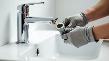 Close-up view of a person wearing protective gloves installing a plumbing fitting onto a chrome faucet in a modern bathroom sink