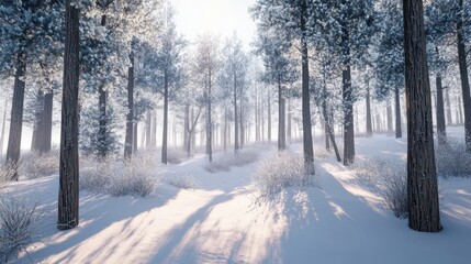 Naklejka premium A serene winter forest scene with snow-covered trees and gentle sunlight.