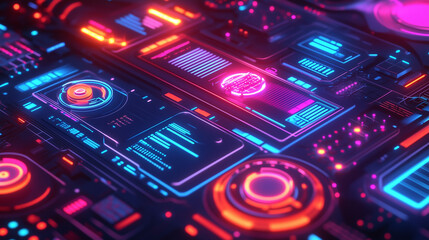 Obraz premium A futuristic digital interface with holographic elements, showcasing data analytics, graphs, and technology symbols in vibrant neon tones, representing advanced technology and innovation.