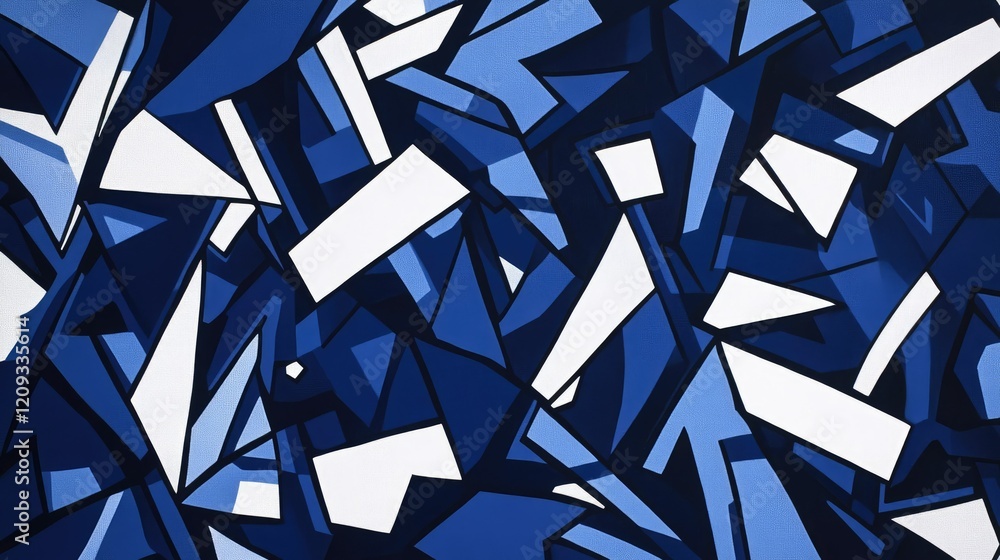 Poster abstract dark blue and white geometric shapes forming a chaotic pattern with sharp angles and lines