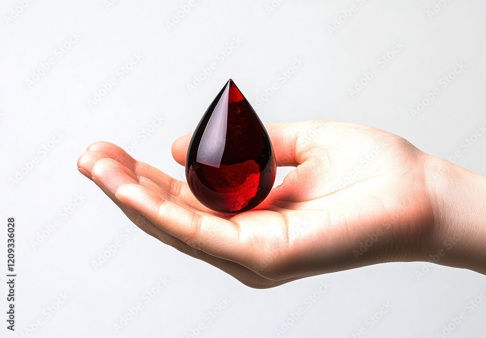 Poster a striking red teardrop shape held delicately in a hand, showcasing its glossy surface and intricate