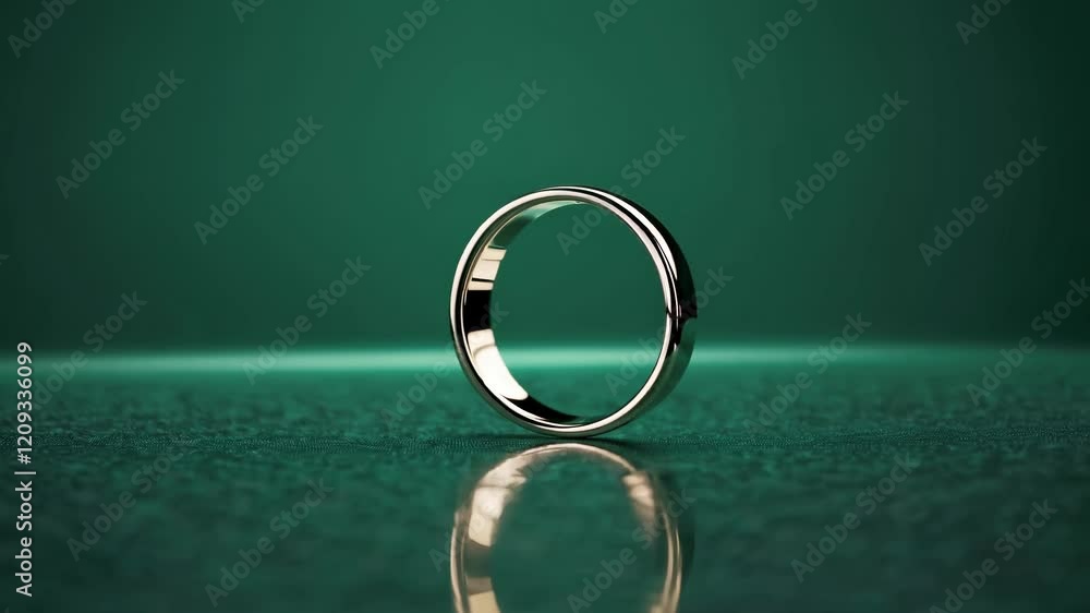 Poster Shimmering gold ring rotates on a reflective surface in a serene setting