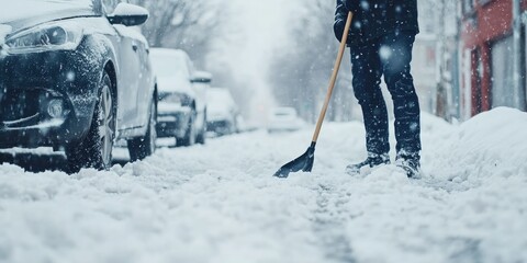 Close-up of a person shoveling snow from a snowy road with cars parked along the side during a heavy snowfall..