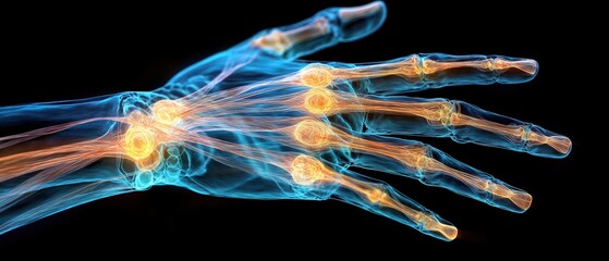 Exploded anatomical view of the human hand, with detailed nerve pathways and pain radiating from carpal tunnel syndrome, orthopedic focus