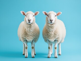 Fototapeta premium Two sheep standing together on blue