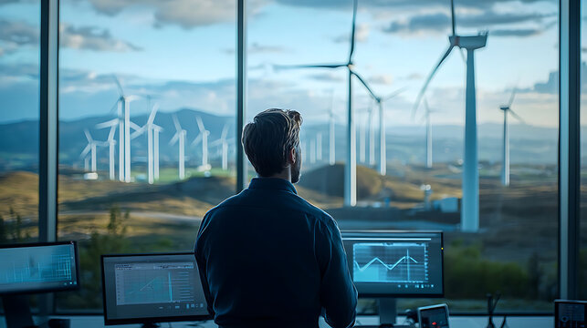 Businessman observing wind turbines and data analysis in modern office - Powered by Adobe