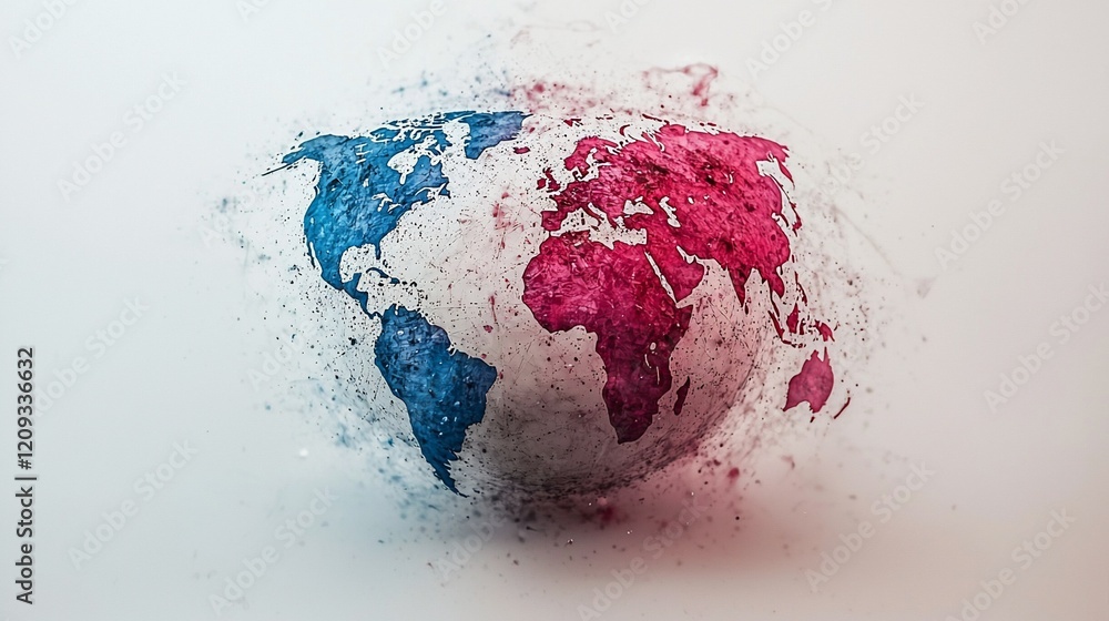 Poster Abstract world map in red and blue tones, dissolving into particles.