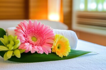 Spa treatment setup with colorful flowers and clean towels in a serene environment during a relaxing wellness session