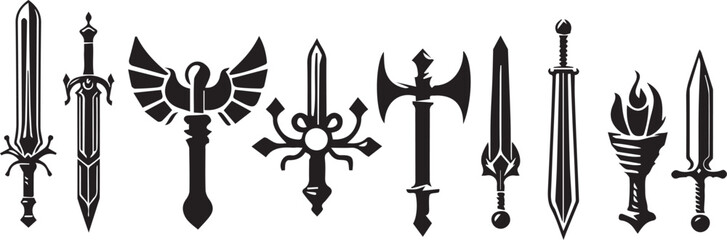 RPG weapon icon set, vector fantasy game sword collection, dungeon dragon battle attack object kit. Magic sorcerer staff, warrior dagger, medieval bow, arrow, character equipment. Vintage RPG weapon