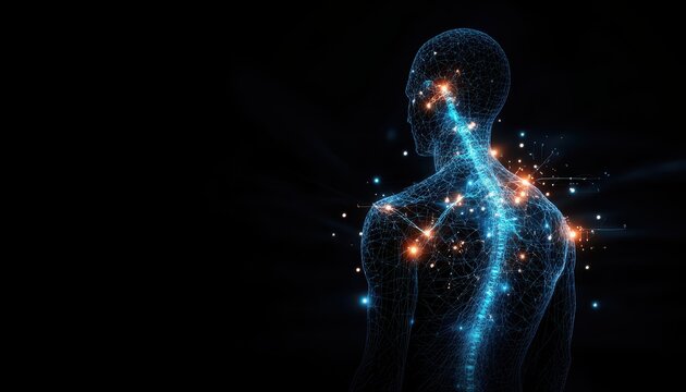 Scifi anatomical concept showing nerve pain travel paths across the body, glowing lines and holographic elements, pain mapping