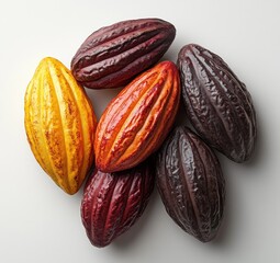 Minimalist Cacao Pods and Cocoa Beans Composition on White Background Flat Lay