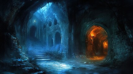 Naklejka premium An old, spooky dungeon-like tunnel with flickering lights and decaying walls, shrouded in darkness