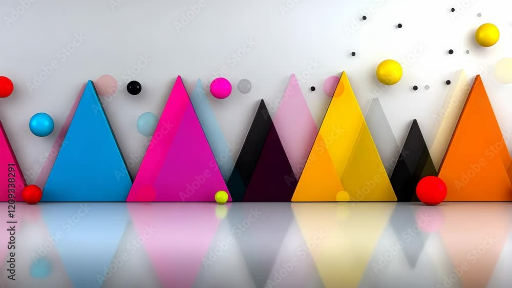 Poster colorful wall with many triangles and circles. the triangles are in different colors and sizes, and 