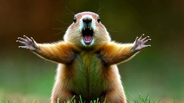 Squirrel is standing on the grass and making a loud noise. The squirrel is making a gesture of excitement or joy