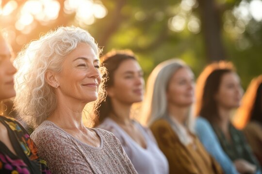Uplifting moments of women bonding at a wellness retreat focused on anti-aging and personal growth in nature
