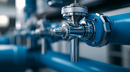Naklejka premium A detailed close-up of new blue water pipeline taps with metal valves, showcasing clean and precise engineering