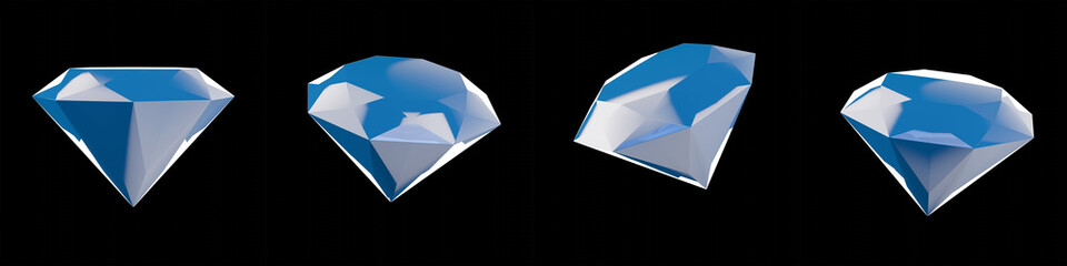 Blue Diamond Gemstone 3D Illustration Set Isolated in Black Background