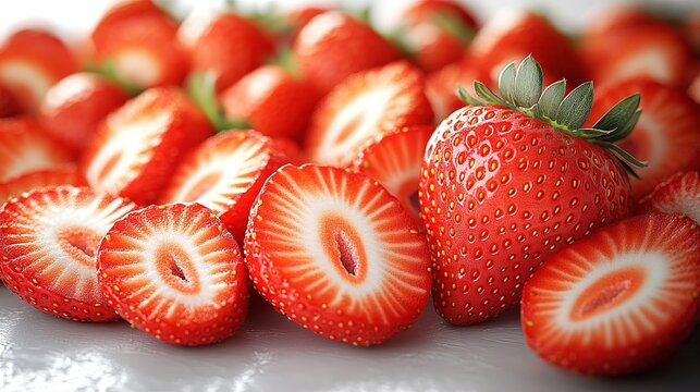 Swirling tornado of whole and sliced strawberries on a pure white surface