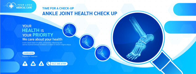 Medical health care check up. Ankle joint human in magnifying glass frame. Stethoscope examining organ icon. Template design background banner for medical ads social media editable. Vector.