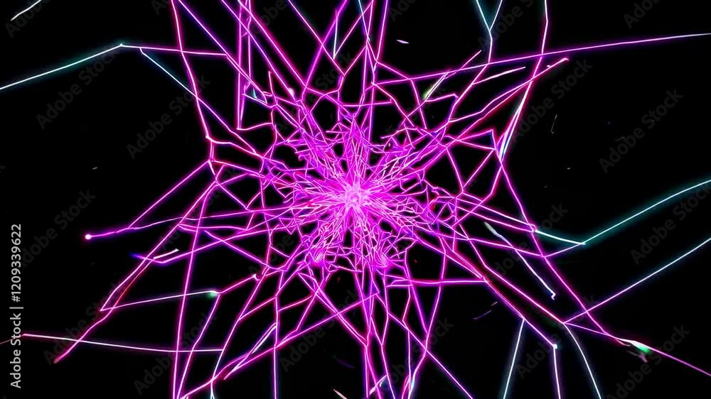 Poster Colorful geometric patterns create mesmerizing designs in dark space using bright neon lights