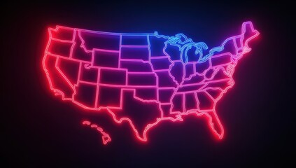 Neon outline of the United States map, glowing with red and blue lights on a dark background.
