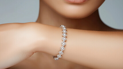 A detailed shot of a diamond bracelet elegantly worn by a young woman, the intricate design of the jewelry highlighted by soft lighting