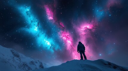 Fototapeta premium Tourist gazes at magnificent nebula through telescope on snowy mountain