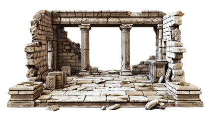 Old stone ruins with columns and broken walls showcase ancient architecture isolated on transparent background