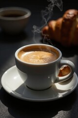 Obraz premium Aromatic coffee steaming in a white cup, accompanied by a freshly baked croissant, bathed in sunlight