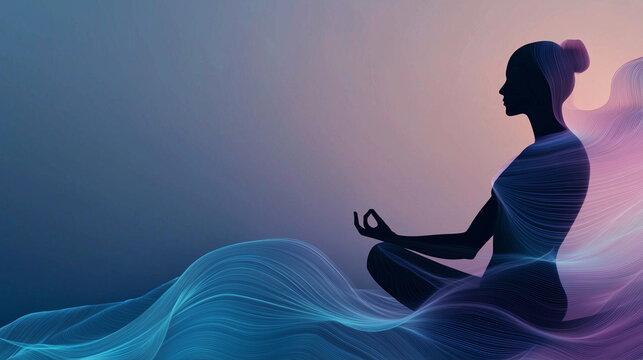 A digital art depiction of a person meditating in a serene pose, glowing energy radiating around them