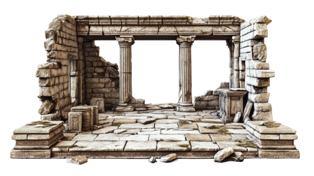 Old stone ruins with columns and broken walls showcase ancient architecture isolated on transparent background