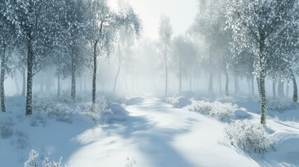 A serene winter landscape with snow-covered trees and a tranquil path through the forest.