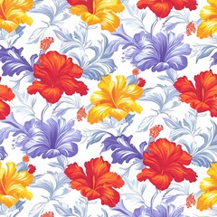 A striking tropical flower seamless pattern showcasing exotic blooms like hibiscus and bird of paradise with rich colors, ideal for an eye-catching advertisement.