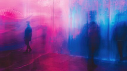 Abstract image of colorful blurred figures in motion, showcasing vibrant hues of pink, purple, and blue, creating an atmospheric and dynamic urban scene.