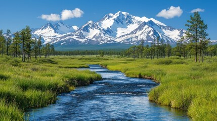 A serene river flows through lush greenery with majestic snow-capped mountains in the background.