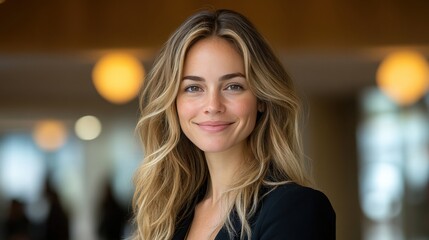 Confident young woman with long wavy hair smiling warmly in a bright modern workspace, exuding positivity and approachability in a professional setting