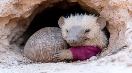 Adorable albino hedgehog cuddling armadillo, burrow, desert