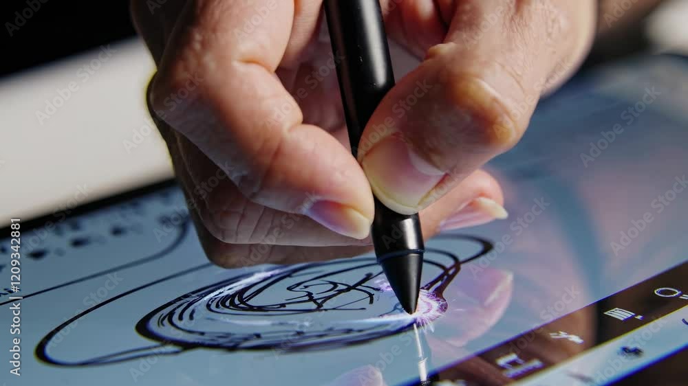 Fototapete exploring digital art creation techniques on a tablet with stylus in a creative workspace