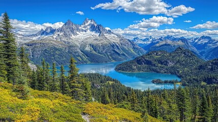 A stunning landscape featuring mountains, a lake, and lush greenery under a blue sky.