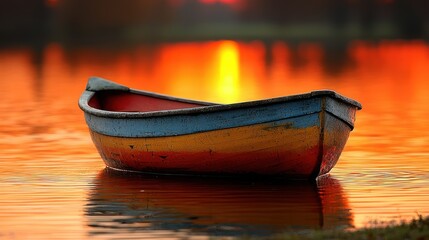 Obraz premium A colorful boat rests on a tranquil lake at sunset, reflecting warm hues in the water.