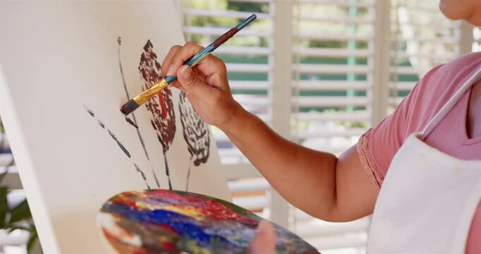 Painting on canvas, person holding paintbrush and palette, creating artwork