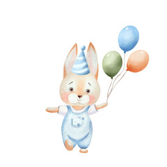 Bunny with balloons. Elements of invitations for children's party, birthday party. Watercolor set with cute animal, hand drawn, isolated on white background. For invitations, cards, textiles, design.