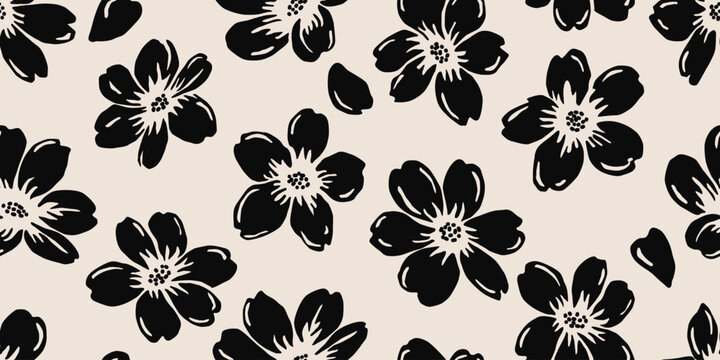 Hand drawn minimal abstract flowers. Seamless patterns with organic shapes florals in black and white color for fabric, textiles, clothing, wallpaper, cover, banner, home decor, backgrounds.