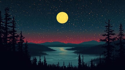 Naklejka premium A serene night landscape featuring a large moon, stars, and a reflective body of water.