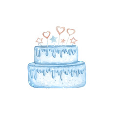 Cake. Blue watercolor watercolor birthday cake with cookies in the shape of hearts and stars. Isolated on a white background, hand drawn. For cards, weddings, invitations and any celebration.