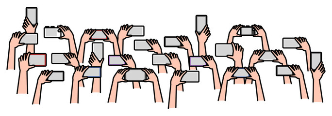 スマホやカメラを掲げる集団の手